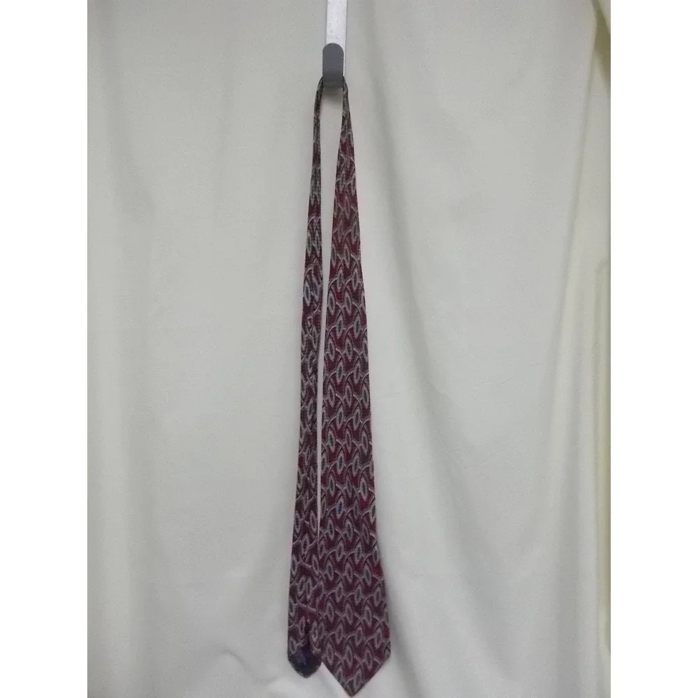Woodward Mens Silk Tie Burgundy Red Blue Geometric Eye Pattern Necktie Classic